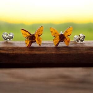 Sterling Amber Butterfly Earrings 925 Studs Golden Brown Hues Minimalist Small